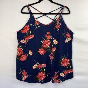 Paper Moon Tank Top Women 1X Plus Navy Blue Double Strappy V Neck Floral